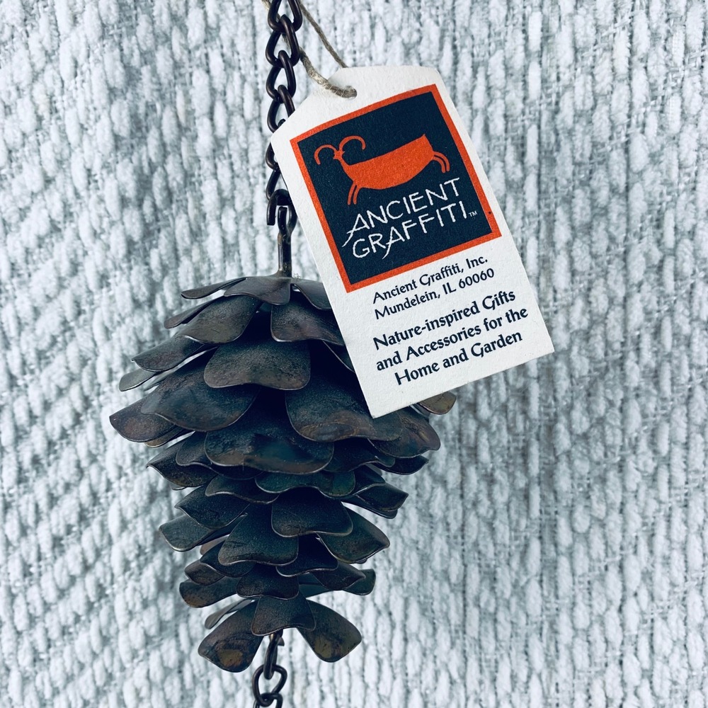 Ancient Graffiti Pine Cone Ornament Wind Chime Bronze Metal Rustic Lodge NEW